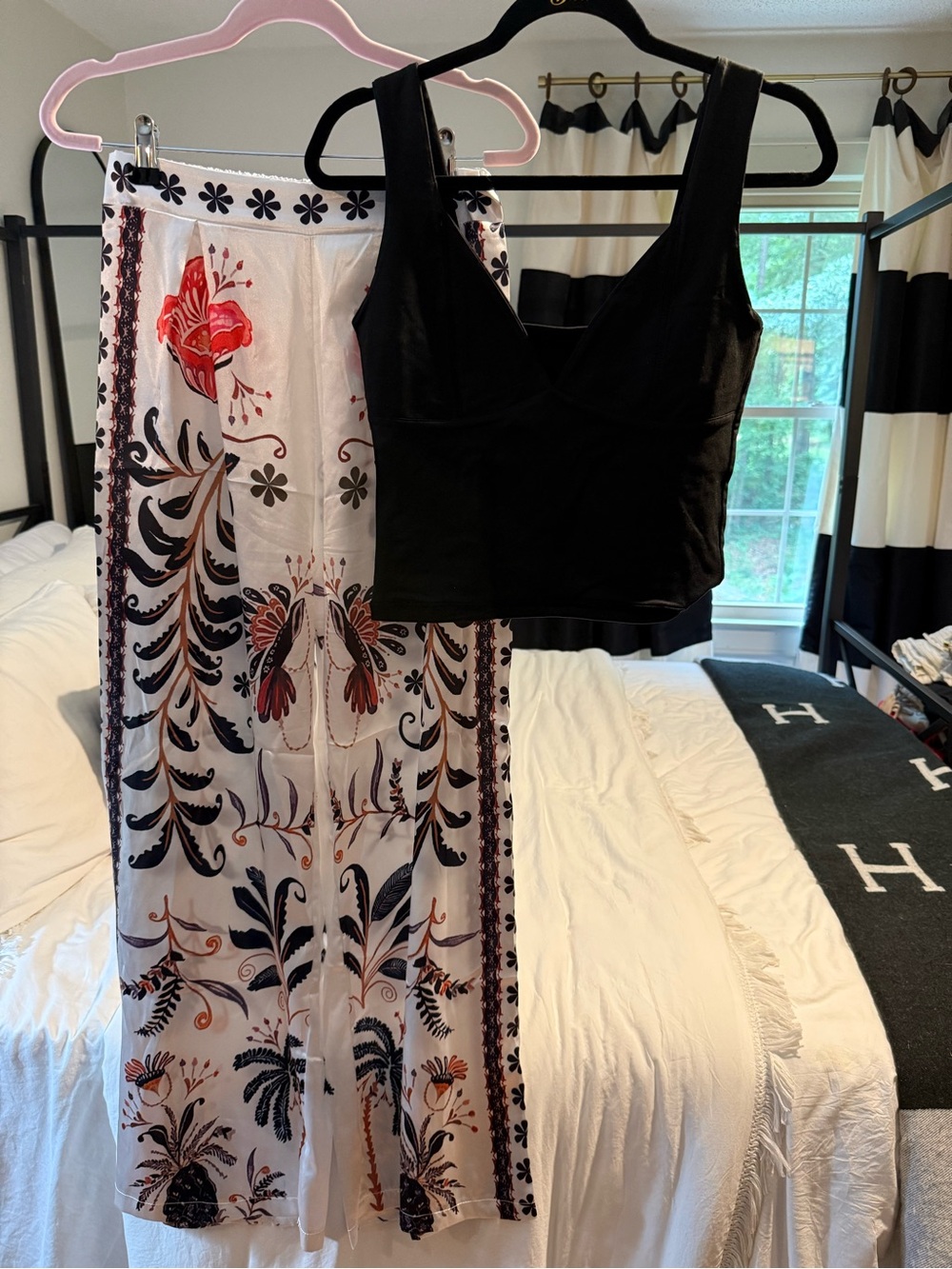 Printed Wide Leg Pants + REORIA Black Crop Top Set Boho Resort Size L/M
